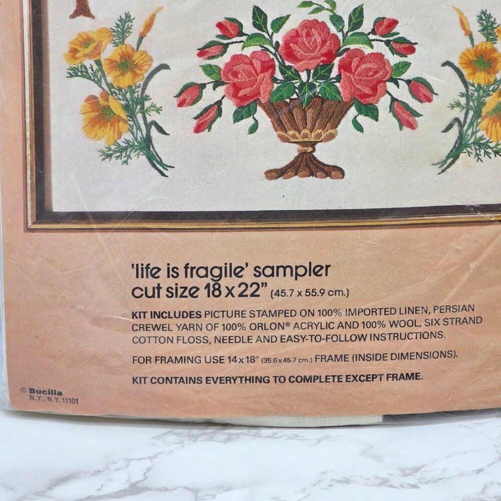 Vintage Bucilla Crewel Embroidery Kit Life Is Fragile Handle with Prayer Sampler - Picture 3 of 4